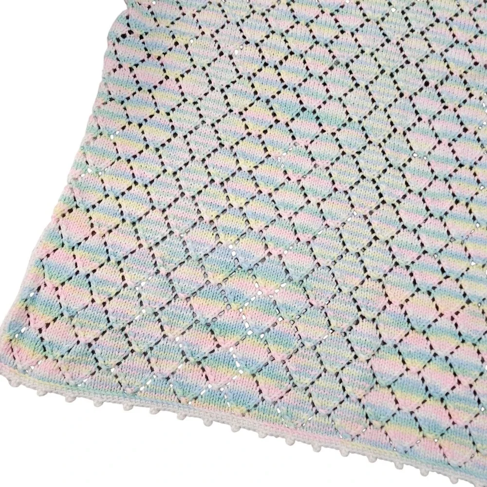 Vintage Handmade Pastel Rainbow Knit Baby Blanket‎ Crocheted Trim Unisex Grandma